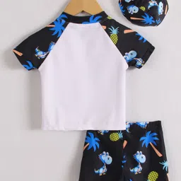 Mark & Mia Half Raglan Sleeves Two Piece Swimsuit With Dino Print & Swimming Cap - White & Black image 2