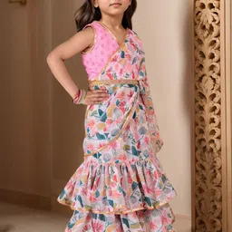 Sangria Girls Floral Printed Ready To Wear Belted Saree With Sequined Blouse-image-2