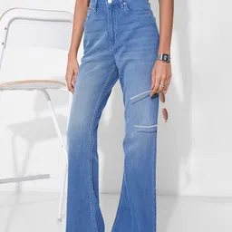 People Women Tapered Fit High-Rise Mildly Distressed Light Fade Jeans-image-84