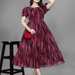 MISS CLOTHING Printed Tie-Up Neck Puff Sleeve Layered Georgette Fit & Flare Midi Dress-picture-30