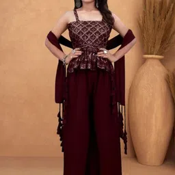 PARROT CREATION Women Embroidered Regular Sequinned Kurti with Sharara & With Dupatta-picture-45