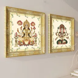 Art Street Beige & Cream 2 Pieces Shree Ganeshji & Lakshmiji Wooden Wall Art image 3