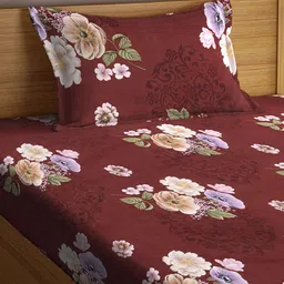 Arrabi Brown & White Floral Printed 300 TC Single Bedsheet with 1 Pillow Covers image 2