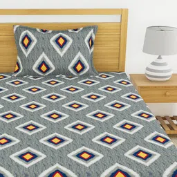 Urban Magic Grey & Orange Geometric 104 TC Single Bedsheet with 1 Pillow Covers image 4