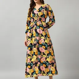 Femvy Floral Printed V- Neck A-Line Midi Dress-image-85