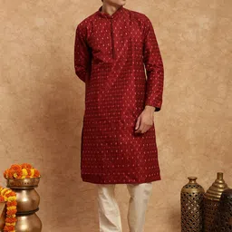 Souragya's Stylish Red Ethnic Embroidered Silk Kurta Set For Men-image-42