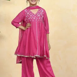 Biba Girls Floral Yoke Design V-Neck Angrakha Thread Work Kurta With Palazzo & Dupatta-picture-52