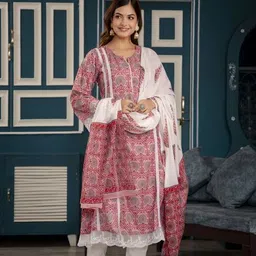 Subh LAXMI Women Floral Printed Regular Pure Cotton Kurta with Trousers & With Dupatta image 3