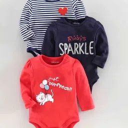Babyoye Full Sleeves Striped & Multi Printed Onesies Set of 3 - Red Navy Blue-image-3
