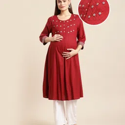 Bella Mama 3/4th Sleeves Maternity Ethnic Kurta - Red-picture-19