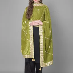 A R SILK DUPATTA HUB Floral Embroidered Gotta Patti Velvet Dupatta-picture-23