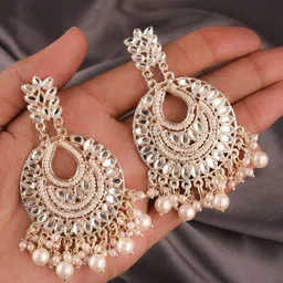 MEIRA JEWELLERY Gold-Plated Artificial Stones Studded & Beaded Contemporary Chandbalis image 3