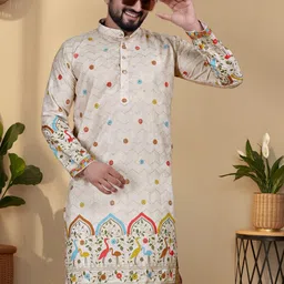 KURTA WALLAH Men Geometric Printed Thread Work Floral Kurta image 4