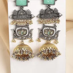 KARATCART Gold-Plated Dome Shaped Kundan Studded & Beaded Oxidized Jhumkas-picture-18