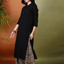 KALINI Mandarin Collar Cotton Slub A-Line Kurta With Kalamkari Printed Palazzos image 2