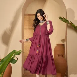 Sangria Embroidered V-Neck Tiered Fit and Flare Midi Dress With Inner-image-15