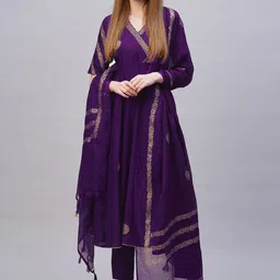 KALINI Floral Printed V-Neck Zari Anarkali Kurta With Trousers & Dupatta-picture-17