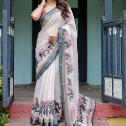 ALMAARI FASHION Ethnic Motifs Printed Zari Pure Linen Banarasi Saree & Unstitched Blouse image 2