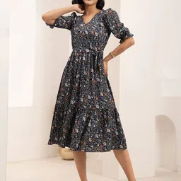 DressBerry Floral Printed Puff Sleeves Fit & Flare Midi Dress-picture-23