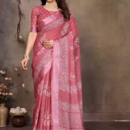 WOVENSTOCK Zari Pure Linen Block Printed Saree-image-57