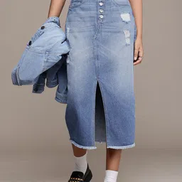 The Roadster Life Co. Women Straight Pure Cotton Denim Midi Skirt-picture-12