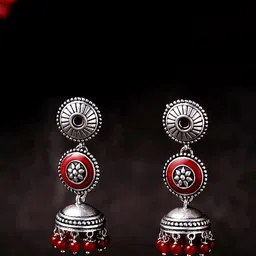 Voylla Oxidised Silver-Plated & Red Circular Jhumkas-image-67