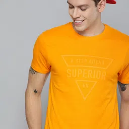 here&now HERENOW Men Mustard Yellow Printed Round Neck Pure Cotton T-shirt-picture-19