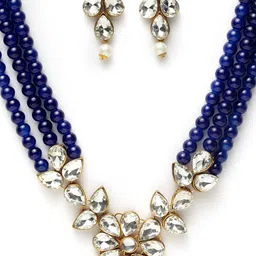 ANIKAS CREATION Gold-Plated Blue & White Crystal-Studded Beaded & Pearl Embellished Handcrafted Jadau Jewellery Set image 3