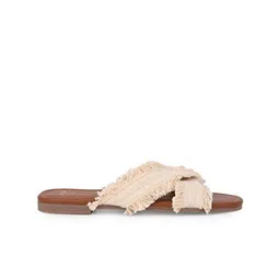 Styli Tan Brown Fringed Detail Canvas Open Toe Flats image 4