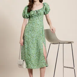 HERE&NOW Tropical Print Puff Sleeve A-Line Midi Dress image 3