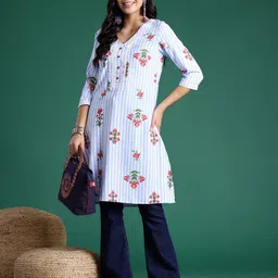 Sangria Floral Printed Lace Detail Striped Kurta-picture-33