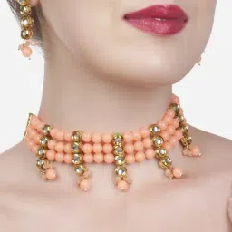Zaveri Pearls Peach Multistrand Beaded Kundan Choker Necklace & Earring Set-ZPFK13541-picture-44