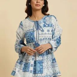 W White & Blue Cotton Printed Top image 3