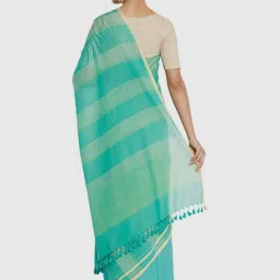 Fabindia Blue & Green Cotton Woven Saree image 2