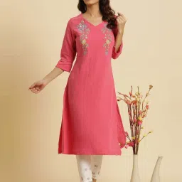 W Pink Cotton Embroidered A Line Kurta image 3