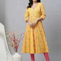 Aurelia Yellow Cotton Printed Fit And Flare Kurta image 3