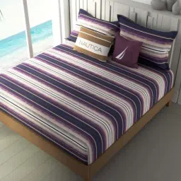 NAUTICA Ocean View Purple & Blue Cotton 160 TC King Fitted Bedsheet with 2 Pillow Cover-picture-42