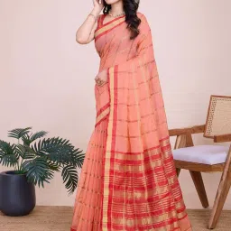 Satrani Peach Pink & Maroon Woven Saree With Unstitched Blouse image 2