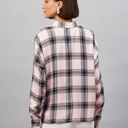 CHIMPAAANZEE Pink & Black Viscose Checks Oversized Crop Shirt image 3
