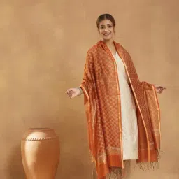 Fabindia Orange Cotton Silk Blend Hand Block Printed Dupatta image 2