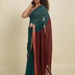Suta Green & Red Pure Cotton Zari Work Saree Without Blouse image 3