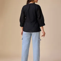 House of Mira Black Viscose Embroidery Peplum Top image 2