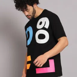 GRIFFEL Black Printed Loose Fit Oversized Crew T-Shirt image 3