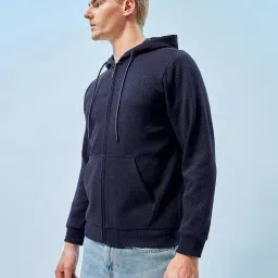 Bewakoof Navy Regular Fit Textured Hooded Sweatshirt image 3