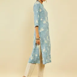 Soch Powder Blue Rayon Floral and Geometric Print Straight Kurta with Pocket image 3