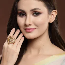 Panash Gold Plated Red & Green Stone Heart Shaped Finger Ring image 2