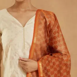 Fabindia Orange Cotton Silk Blend Hand Block Printed Dupatta image 5