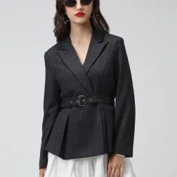 SHOWOFFFF Charcoal Cotton Striped Blazer-picture-25