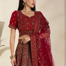 DESIGN ELEMENTS Embellished Mirror Work Semi-Stitched Net Lehenga & Blouse With Dupatta-image-3