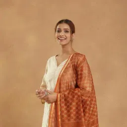 Fabindia Orange Cotton Silk Blend Hand Block Printed Dupatta image 4